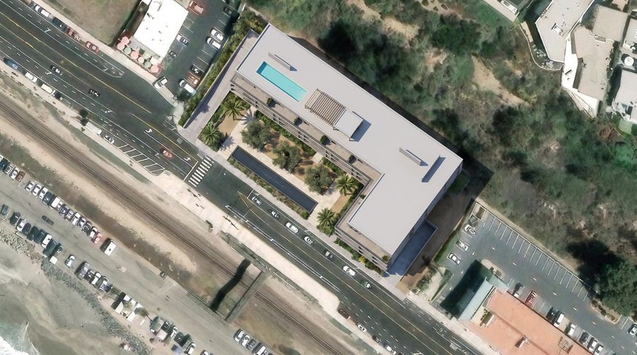 Massing study on satellite imagery — conceptual rendering